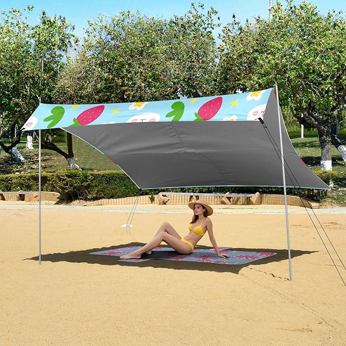 Rabbit Beach Canopy Sun Shelter with Sandbags &amp Sand Shovel &amp Windproof Ropes - Portable 110x126 Beach Shade Beach Tent for Camping Picnics