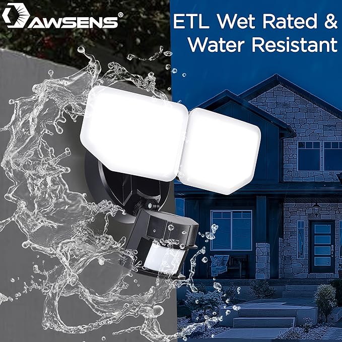 30W LED Security Lights Motion Sensor Light Outdoor 180 Degree 2600 LM 5100 K ETL Water Resistant 2 Head Motion Detector Flood Light for Garage Yard Porch (Black)