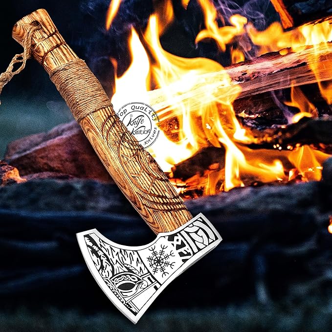 Hand-Forged Viking Axe Nordic Engraved Blade with Wooden Handle Unique Gift for Men Collectors Great Gift for Birthdays Holidays or Weddings (AXE-05)