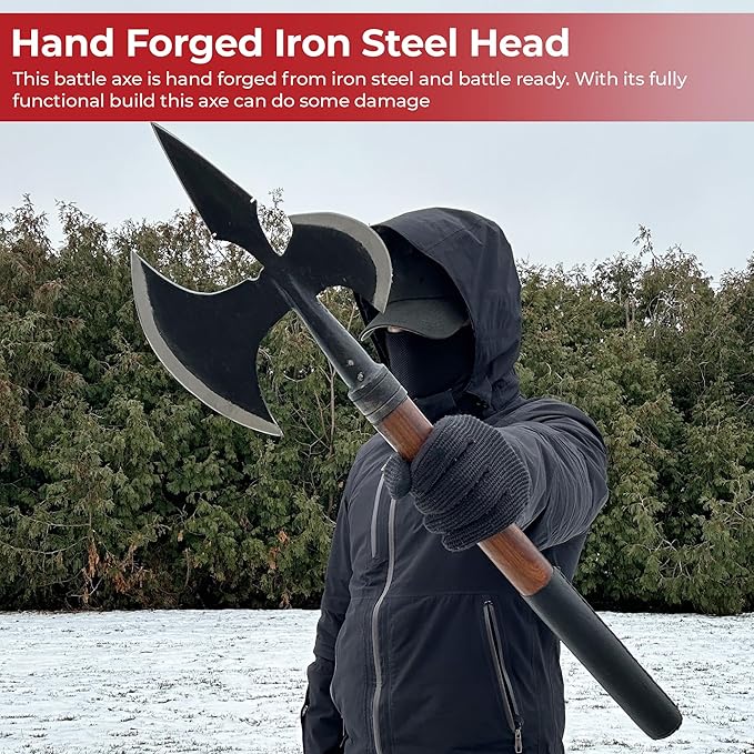 MedievalDepot Hand Forged Viking Invasion Battle Axe – Overall 25” – Carbon Steel Blade with Wood Handle and Leather Grip – Functional Collectible for Reenactment Display or Gifting