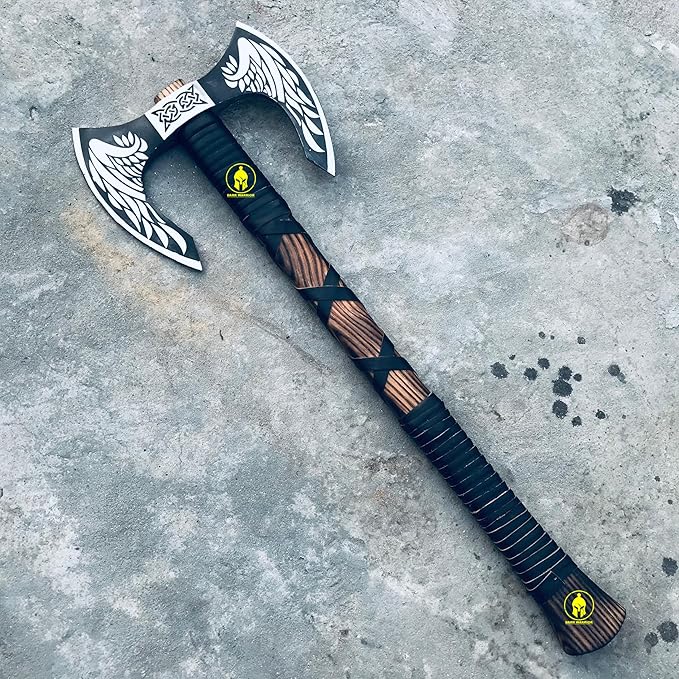 DARK WARRIOR- Handmade Viking Double Headed Axe Real Battle Two Sided Twin Blade Axe with Solid Handle Leather Sheath Best Gift for Him Viking Lover.