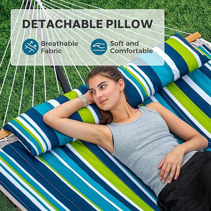 SUPERJARE Hammock with Stand 2 Person Quilted Outdoor Hammock Detachable Pillow &amp Bamboo Spreaders Portable Hammock with Carrying Bag Heavy Duty Stand Perfect for Outside Patio Dark Cyan