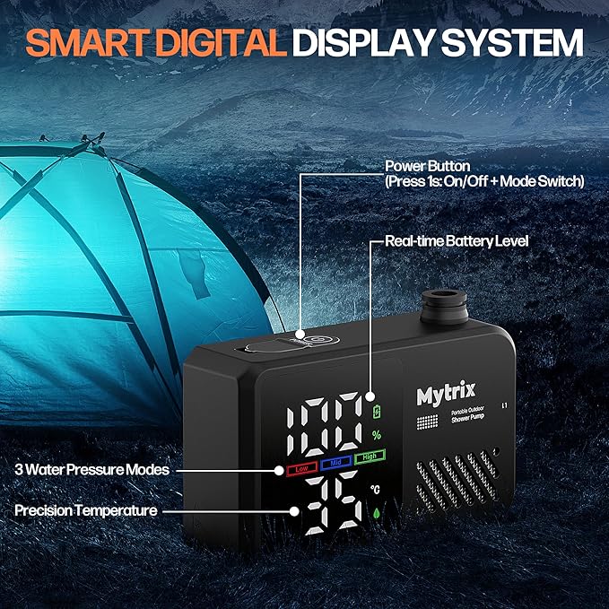 Mytrix Portable Camping Shower Pump with Foldable Bucket 10L/Min High Flow 7800mAh Rechargeable Battery 4 Spray Modes IPX8 Waterproof Outdoor Shower for Hiking Travel &amp Pets