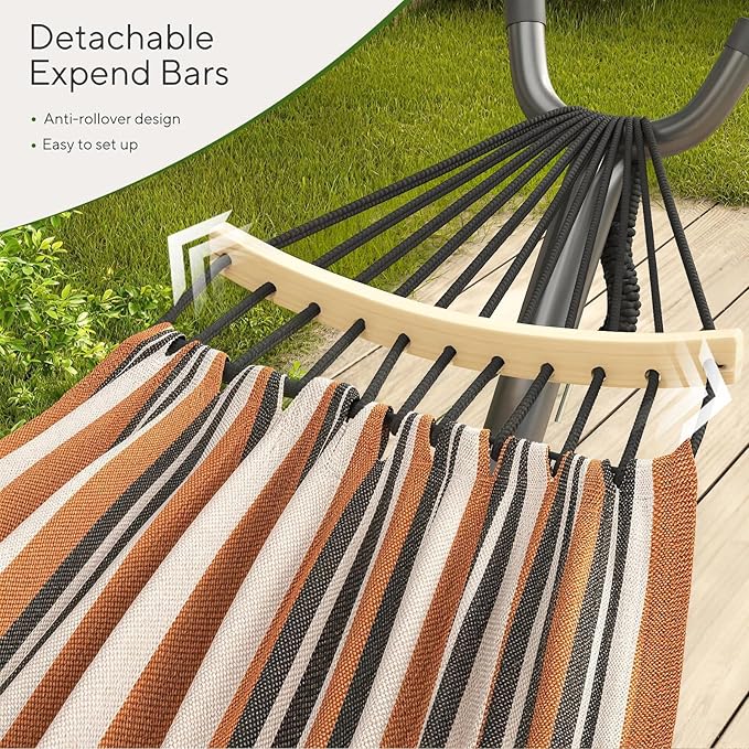 600lbs Hammock with Stand for Outside 2 Person Portable Hammock with Side Storage Carrying Bag Expend Wooden Bar for Outdoor or Indoor (Brown Black)