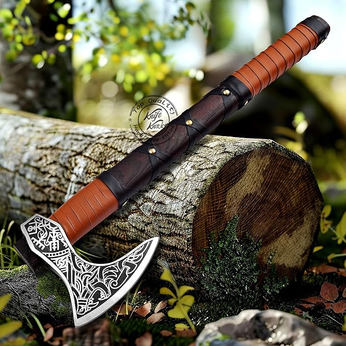Hand-Forged Engraved Viking Axe of Ragnar Lothbrok Hunting Axe Handmade Camping Axes Hatchet-Norse Axe Tomahawk Vikings Bearded Axes with Leather-Wrapped Handle &amp Sheath (AXE-12)