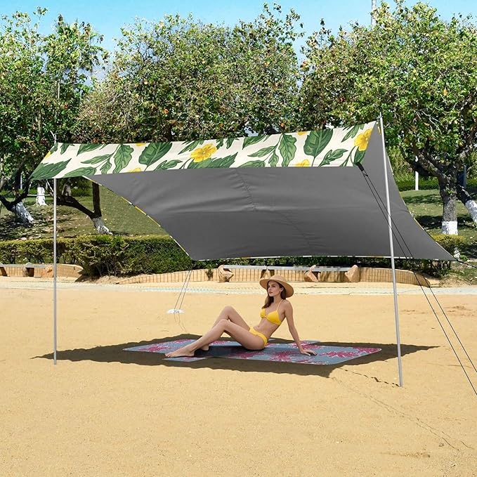 Wildflowers Beach Canopy Sun Shelter with Sandbags &amp Sand Shovel &amp Windproof Ropes - Portable 110x126 Beach Shade Beach Tent for Camping Picnics