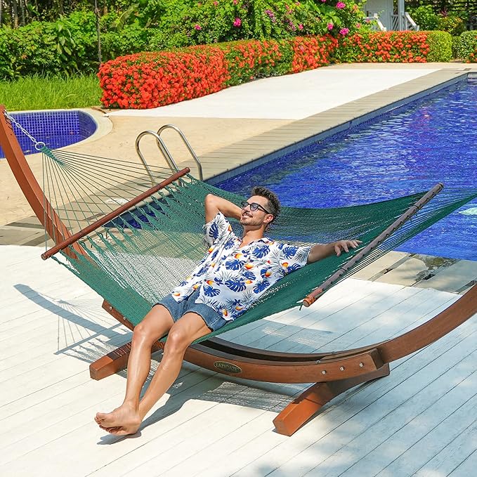 Lazy Daze Hammocks 10.5 FT Double 2 Person Caribbean Rope Hammock Hand Woven Polyester Hammock with Spreader Bars for Outside Outdoor Backyard Patio Poolside 450 LBS Capacity Green