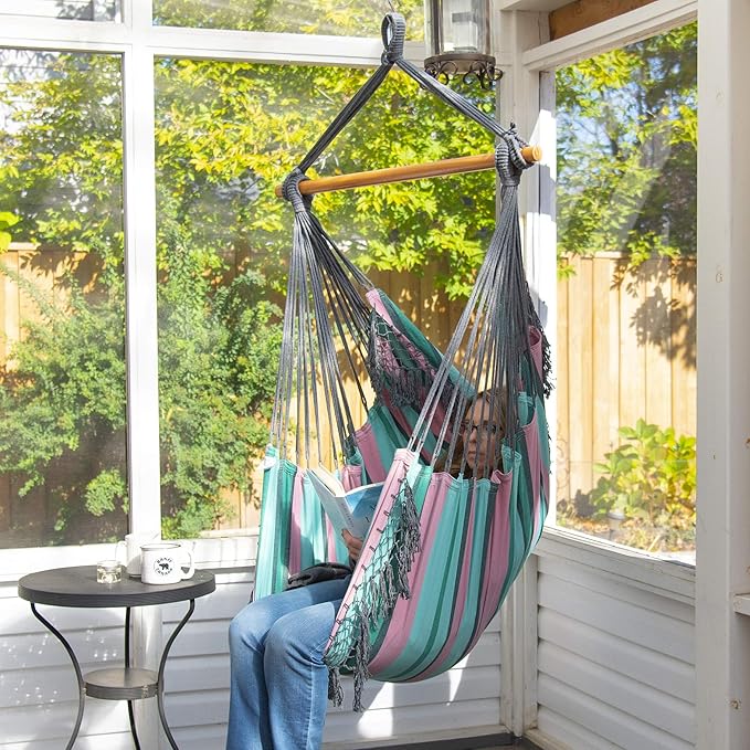 Vivere Cotton Hammock Chair with Hardwood Spreader Bar - 250 lb Capacity (Watermelon)