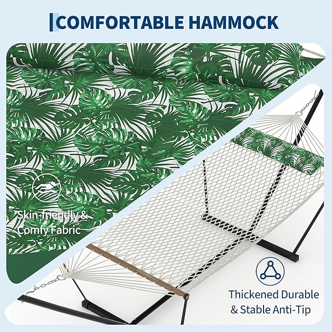 2 Person Outdoor Hammock with Stand Person Cotton Rope Hammock with Polyester Pad Portable Hammock with Carrying Bag for Patio Garden Beach Backyard Camping