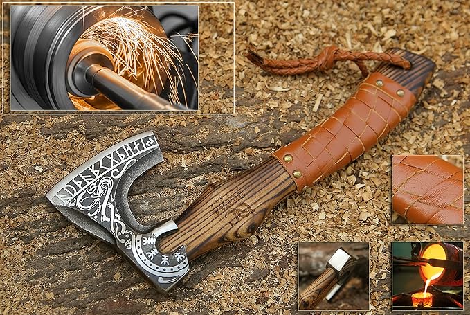 13” Inch Viking Axe- Ash Wood Handle Hatchets and Axes with Leather Wrap Wood Splitting Axe Camping Axe Throwing Axes and Tomahawks - Gift for Father’s Day Husband(Rare Viking)