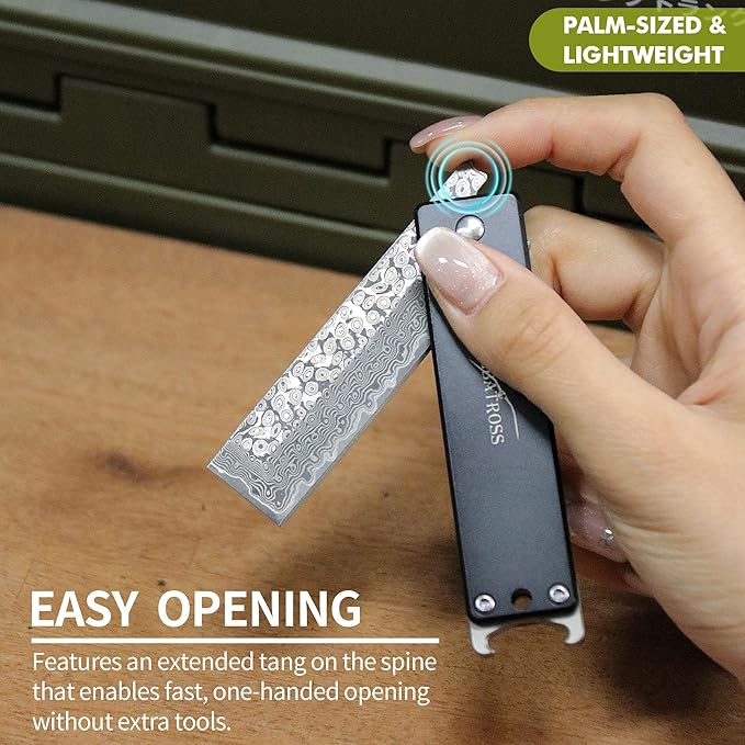 ALBATROSS Damascus Steel Pocket Knife - Stocking Stuffer for Men Women 3.5 Black Titanium Alloy Box Cutter - EDC Keychain Gadgets with Bottle Opener Mother's Day Father's Day Birthday Gifts