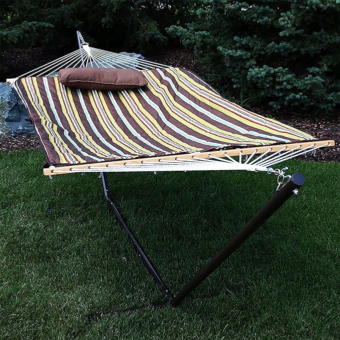 Sunnydaze Rope Hammock with Stand for Outside- 275-Pound Capacity - Includes 12-Foot Hammock Stand Spreader Bar Pad and Pillow - Desert Stripe