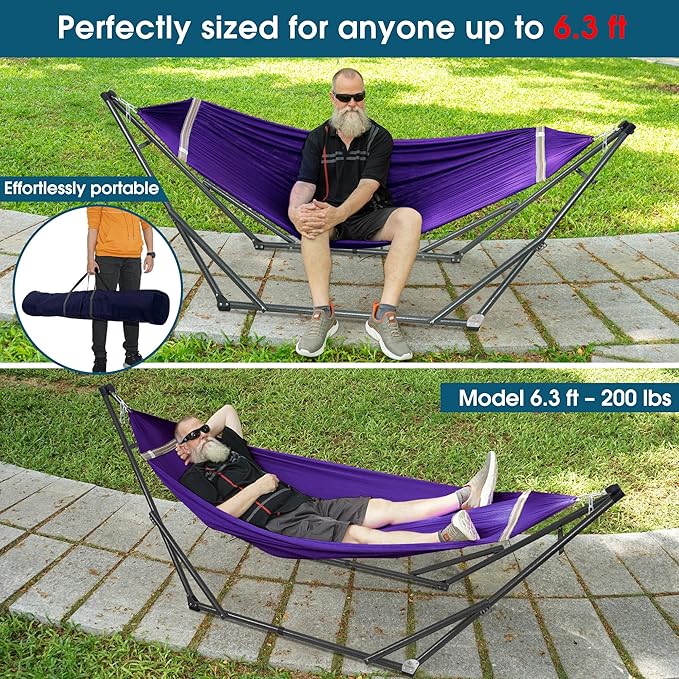 Tranquillo Collapsible Hammock Stand Folding Camping Hammock and Stand 600 lbs Capacity Double Hammock Stand for 2 Persons Heavy Duty Folding Hammock for Indoor Outdoor Quick Assembly Purple