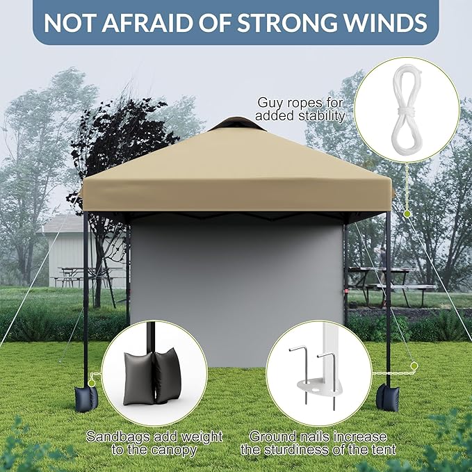 10x10ft Pop Up Canopy Tent with SidewallOutdoor Freestanding Sun Shelter Picnic and CampingInstant Shade Tent with Vented Roof for Beach &amp Events - Includes Storage BagSandbagsStakes&ampRopes