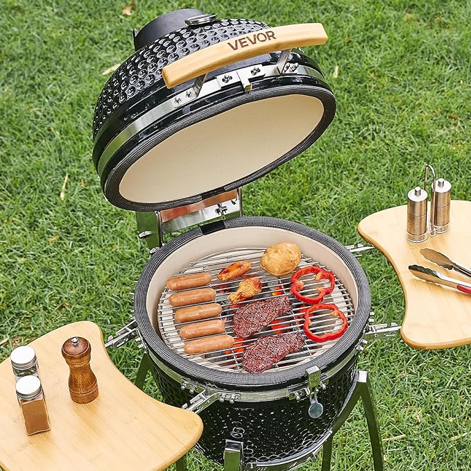 VEVOR Charcoal Smoker and Grill 18 Kamado Charcoal BBQ Smoker Movable Ceramic Barbecue Grill with 4 Wheels (2 Lockable) Built-in Thermometer Air Vents &amp Side Shelf for Outdoor Patio Yard Cook