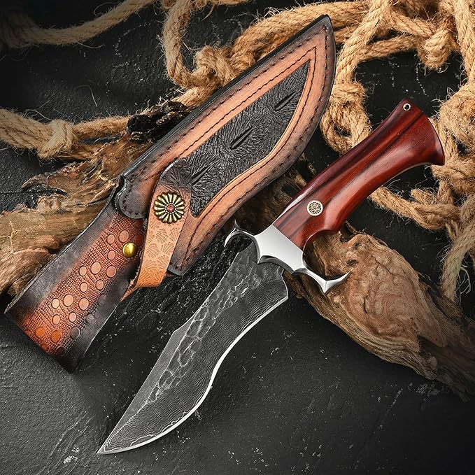 10.2 Fixed Blade Outdoor Hunting Knife Damascus Pattern 9Cr18 Stainless Steel Forged Blade with Hammered Finish Ergonomic Wood Handle &amp Embossed Leather Sheath Ideal for Camping Survival &amp
