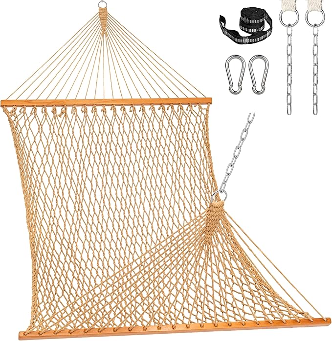 Lazy Daze Hammocks Double Rope Hammock 2 Person Traditional Outdoor Hand Woven Cotton Rope Hammock with Spreader Bar Carabiners Tree Straps Chains for Patio Yard - Max 450 Lbs Tan