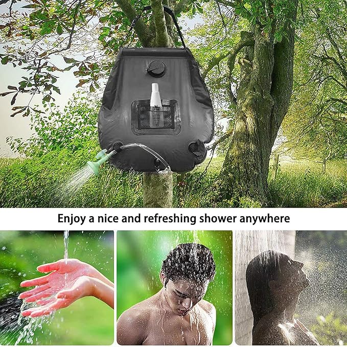 Outdoor 20L Solar Power Shower Bag Portable Sun Heated Bath Bag with Shower Head Large Capacity PVC Camping Shower for Hiking Boating and Backpacking