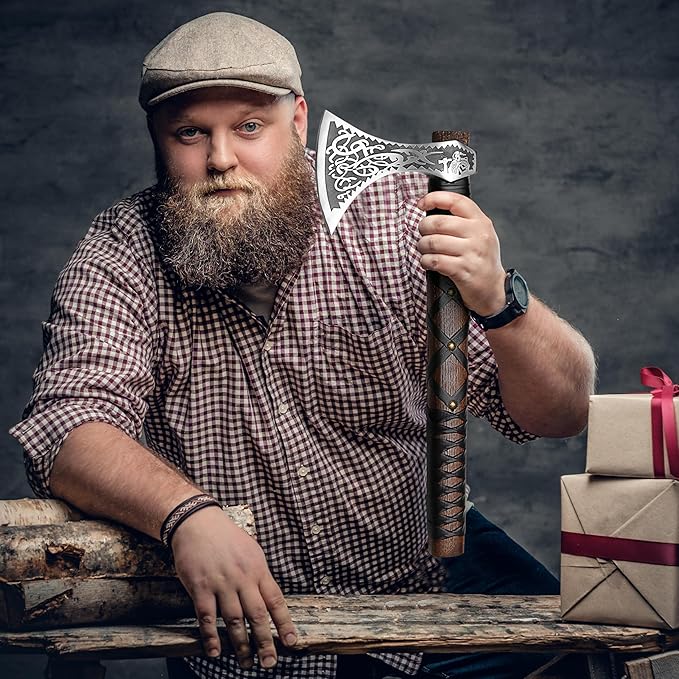 SHINY CRAFTS® Norse Viking Axe with Leather Sheath – Hand-Forged Bearded Hatchet Tomahawk Axe for Camping Survival Woodcutting Unique Gift for Him Husband Dad Groomsmen (Black-VBA-04)