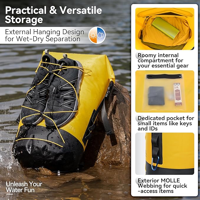 MARCHWAY Floating Roll Top Dry Bag Flexible Lightweight TPU Waterproof Backpack 20L/30L/40L with Padded Straps for Boating Kayaking Swimming Hiking Beach (Yellow 30L)