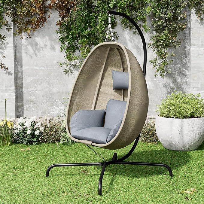 ALAULM Foldable Egg Chair with Stand 485LBS Capacity Textilene Hammock Swing Chair for Outdoor &amp Indoor Hanging Chair with Strong Frame &amp UV Resistant Cushion for Balcony Bedroom Light Gra