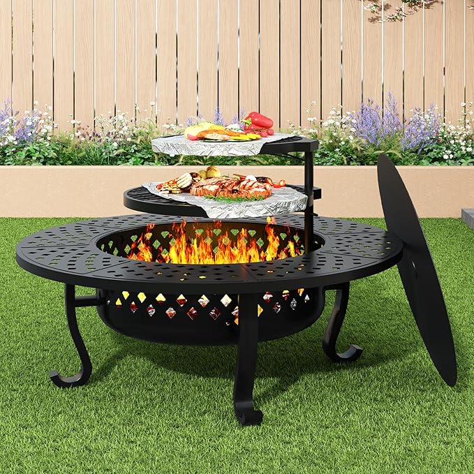 43 Inch Fire Pit with 2 Grill Outdoor Wood Burning Firepit with Lid Metal Round Table for Backyard Patio Garden Picnic Camping Bonfire