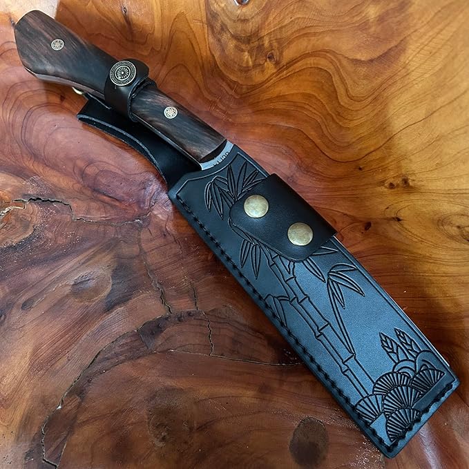 13.6【Handmade Machete】 Japanese Tradition NATA - FullTang 60HRC High Carbon Steel Blade Ebony Wood Handle with Cowhide Scabbard