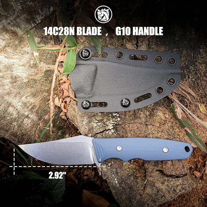Vosteed H-Back Series EDC Fixed Blade Knife - 2.92 14C28N Blade with Sheath Blue G10 Handle with S.O.A.R. Clip for Hunting Camping Knives - D0403