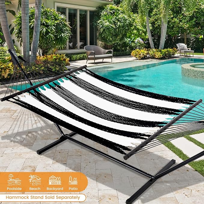 Lazy Daze Hammocks 10.5 FT Double 2 Person Caribbean Rope Hammock Hand Woven Polyester Hammock with Spreader Bars for Outside Outdoor Backyard Patio Poolside 450 LBS Capacity Black/White