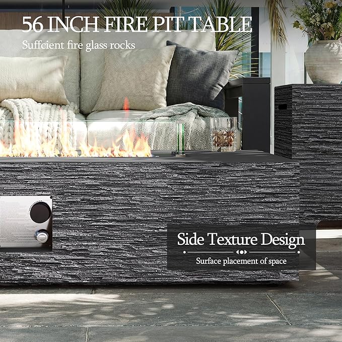 UPHA 56-inch Outdoor Propane Gas Fire Pit Table 50000 BTU Concrete Rectangle FirePit for Outside Patio with Propane Tank Cover Wind Guard Blue Glass Rocks Rain Cover Grey