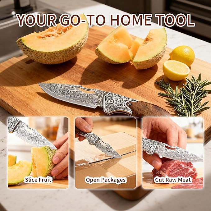 Damascus Steel Folding Knife 7.1 Multi-Purpose Pocket Knife Red sandalwood handle with a sharp blade suitable for cutting meat carving wood and outdoor activities(style B)