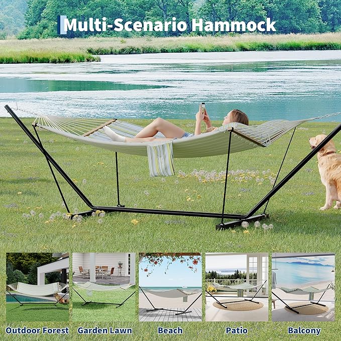 2 Person Double Hammock with Adjustable Steel Stand &amp Pillow Heavy Duty Portable Outdoor Hammock Set MAX 450 LBS Weight Capacity for Patio Garden Beach Backyard