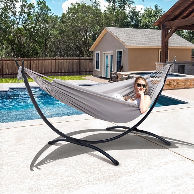 SUNCREAT Stand Alone Hammocks for Outside 2 Person Self Standing Hammock Light Gray