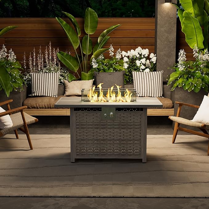 30 Round Propane Fire Pit Table - 50K BTU with Lid Rocks Tank Storage and Cover - Round Gas Fire Pits for Outside Patio - Outdoor Table with Firepit (Brown 43 Rectangular)