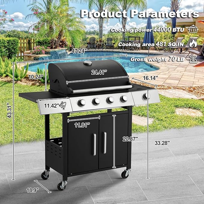 MELLCOM Upgraded 44000 BTU Stainless Steel Burner Barbecue Grill 4 Burner BBQ Propane Gas Grill with Side Stove &amp Cast Iron Grates for Patio Camping Outdoor Cooking
