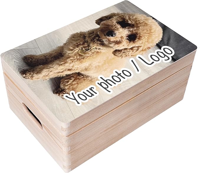 Creative Deco Personalized Wooden Storage Box Photo Box | 11.8x7.87x5.51in (+-0.5) | Hinged Lid Handles &amp Engraving | Photo or Logo | Unpainted Gift Box | UNSANDED Keepsake Memory Souvenir Chest