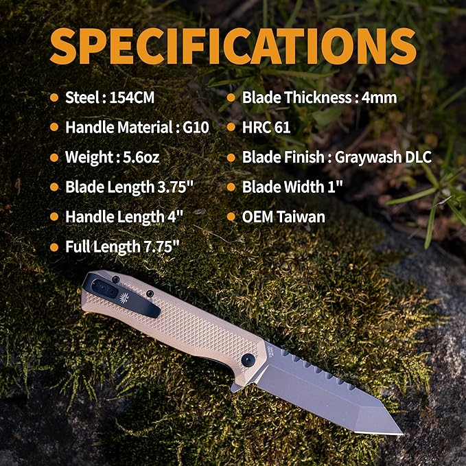 Off-Grid Knives - Viper V2 with154CM Steel Tanto Blade Grippy G10 Scales Left or Right Deep Carry Clip Ceramic Ball Bearings (Coyote)