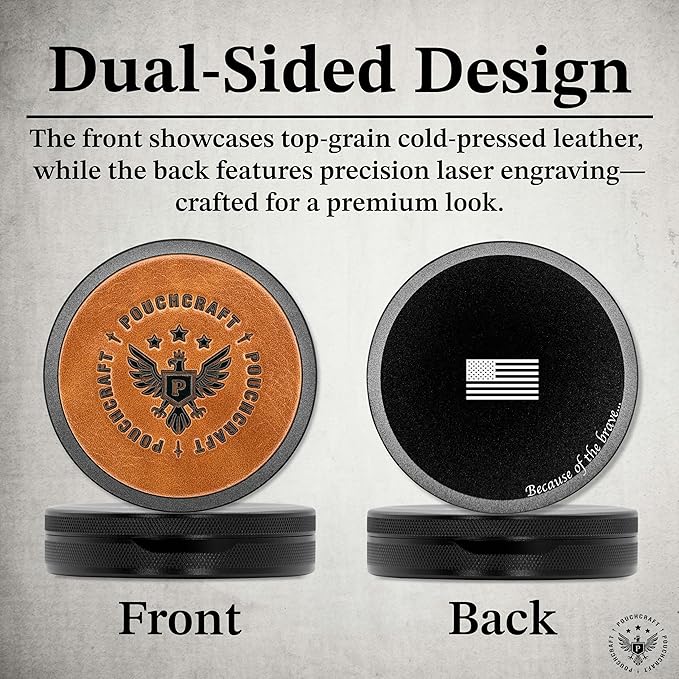 Leather-Faced Metal Pouch Can | Aluminum Container for Pouches with Removable Silicone Divider | Airtight O-Ring Moisture Odor Proof EDC Pocket Tin | Insignia Edition (Black)