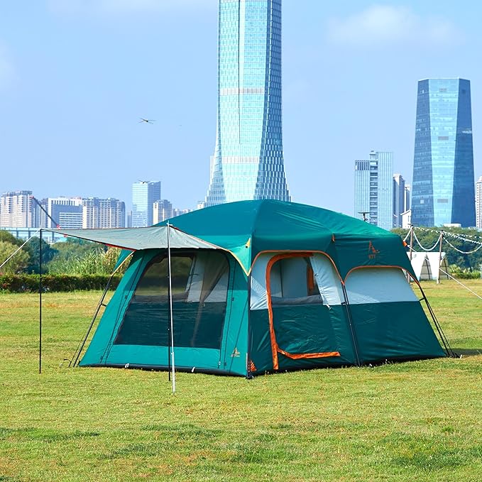 KTT Extra Large Tent 6-10-12-14 Person(A)Family Cabin Tents2 Rooms3 Doors and 3 Windows with MeshStraight WallWaterproofDouble LayerBig Tent for OutdoorPicnicCampingFamily Gathering