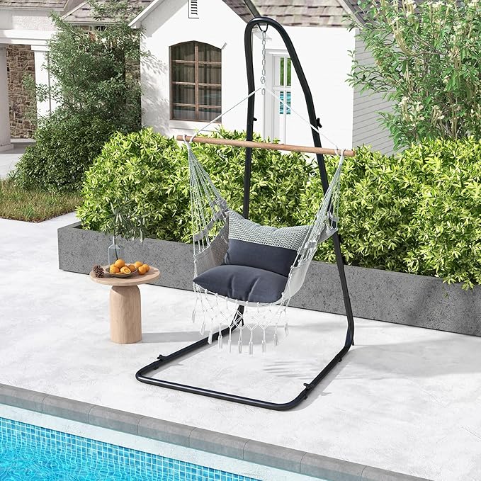 Tangkula Hammock Chair Stand Heavy-Duty Metal Hammock Swing Stand with Safety Hook &amp Sturdy Chain for Hanging Chair Capacity Indoor Outdoor Hammock Chair Stand Only