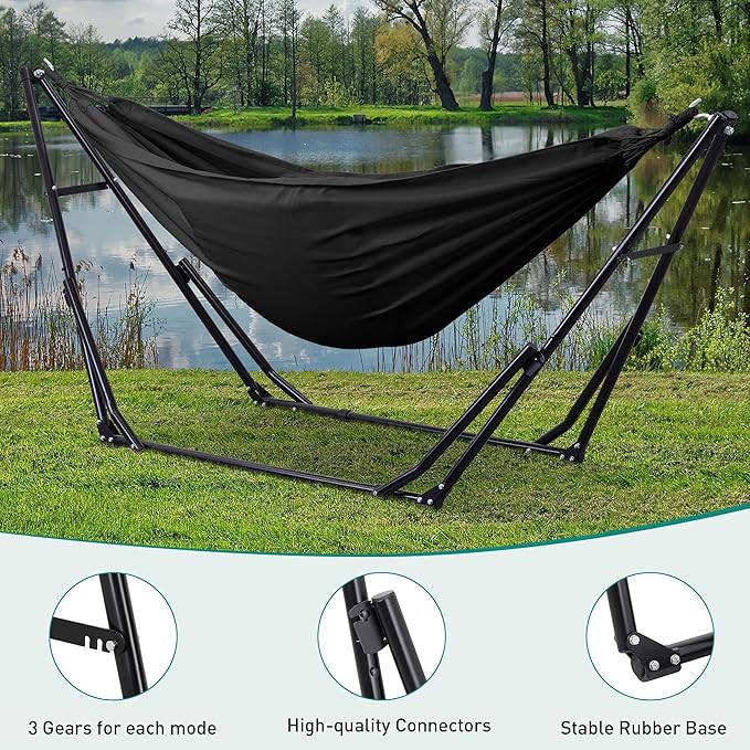 Ainfox Hammock with Foldable Stand 2 in 1 Hammock and Swinging Chair with Carrying Bag Portable Camping Chair Suitable for Outside SwingPatioGardenCamping Trip Black