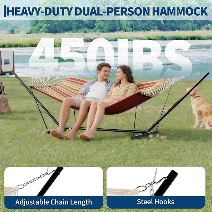 2 Person Double Hammock with Stand &amp Pillow 450 LBS Heavy Duty Outdoor Hammock with Balance Rope for Patio Backyard Poolside