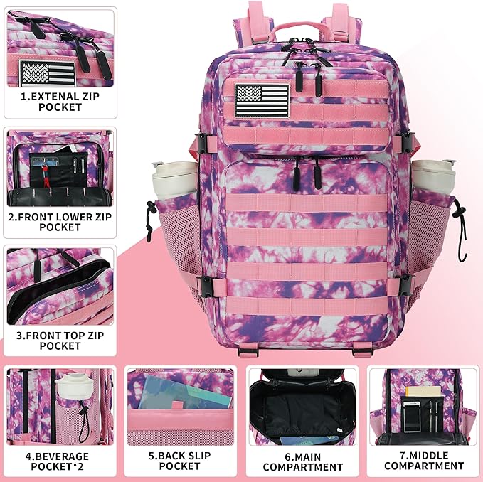 45L Tactical Assault Backpack 3 day assault pack with Molle Waterproof backpack Rucksack for Tactical Backpacks (Rose Tie-Dye)