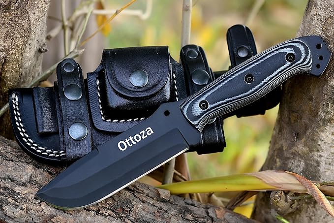 Ottoza Fixed Blade Hunting Knife with Leather Sheath and Horizontal Carry - Full Tang Outdoor Survival and Camping Knife for Men - Micarta Handle 312