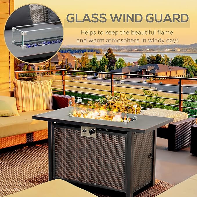 Outsunny 43 Inch Outdoor Propane Gas Fire Pit Table 50000 BTU Auto-Ignition Rectangular Wicker-Effect Gas Firepit with Glass Wind Guard Lid Glass Beads Steel Base CSA Certification Bronze