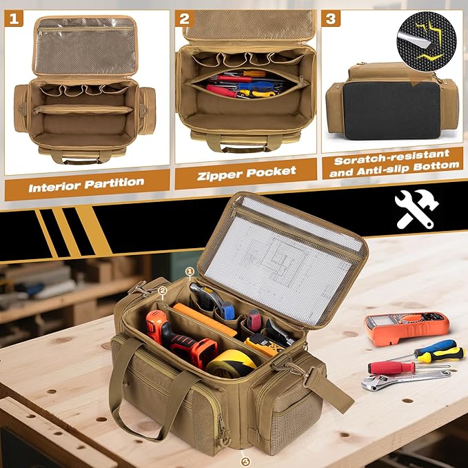 Tactical Tool Bag with Anti-friction Bottom Hand Tool Tote Storage Organizer for Men Small Range Bag for Electricians Carpenters Mechanics and Repairman Khaki