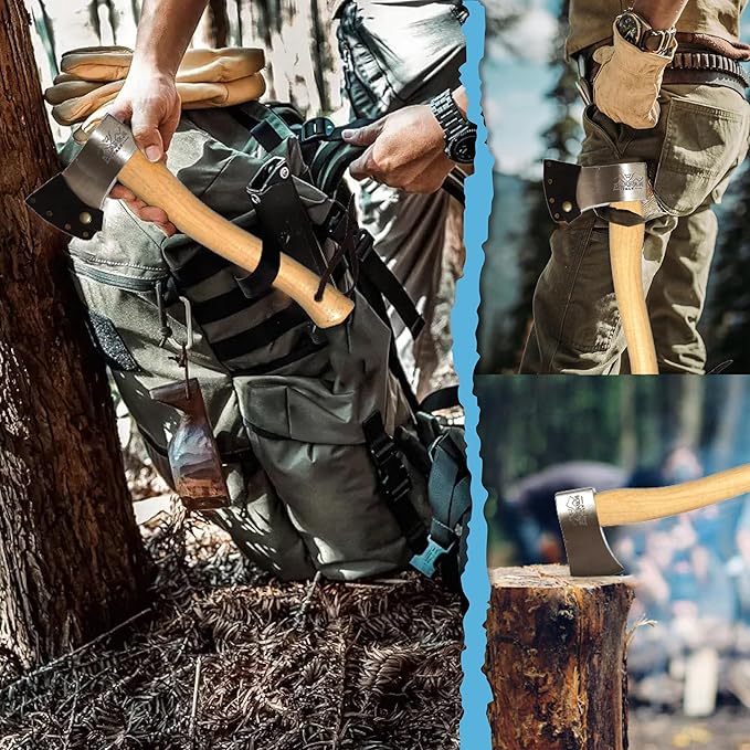 Prandi Yankee Hatchet 1.32lb Head - Hickory Handle 14.97in with Leather String - Ideal for Camping Travel and Bushcraft - Made in Italy