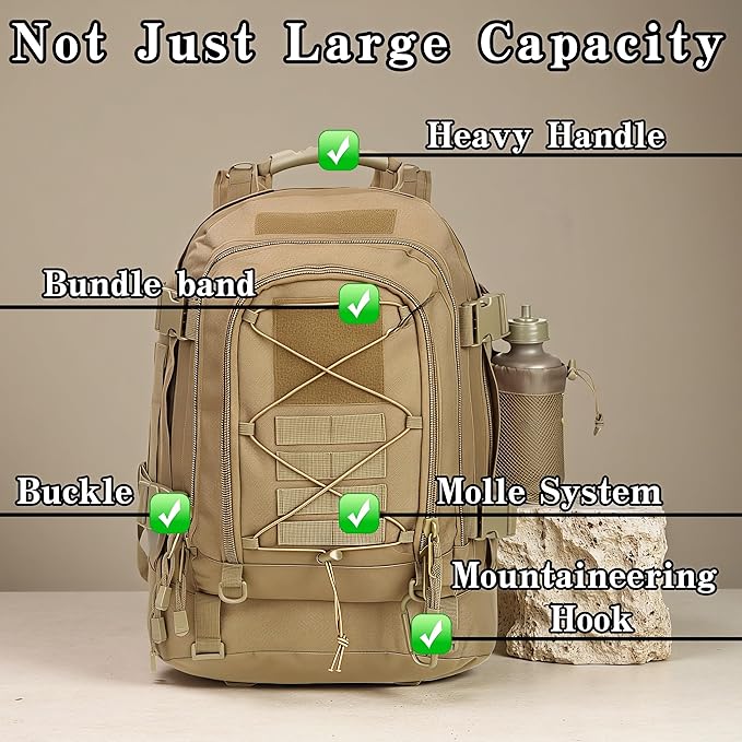 Large Tactical Military Backpack for Men - Molle DIY System Bag for Travel Work Camping Hunting &amp Hiking (Khaki-A)