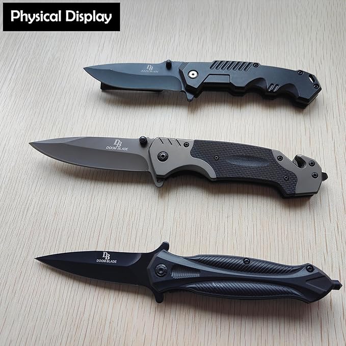 DOOM BLADE 3-piece Spring Assist Folding Pocket Knife with Pocket Clip Hunting Camping Tactical Knives - Military Style - Tactical Knife with Liner Lock