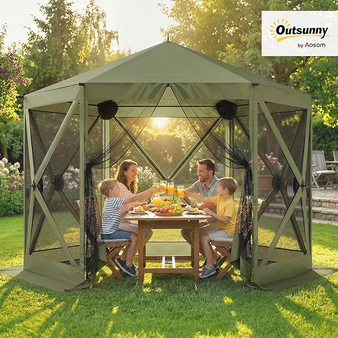 Outsunny 10 x 11 ft Pop Up Gazebo Screen Tent Outdoor Portable Instant Camping Canopy Screen House Sun Shelter with Mesh Nettings Carry Bag Ground Stakes Ropes for Patio Backyard Dark Green